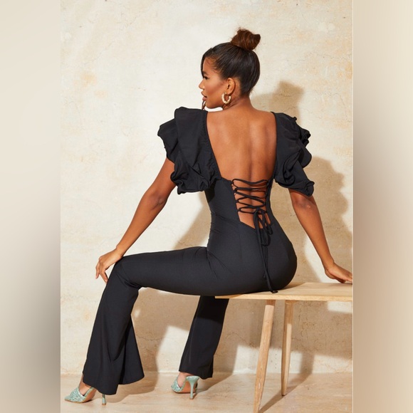 PLT Size 4 Black Lace Back Frill Sleeve Junpsuit - Picture 2 of 4